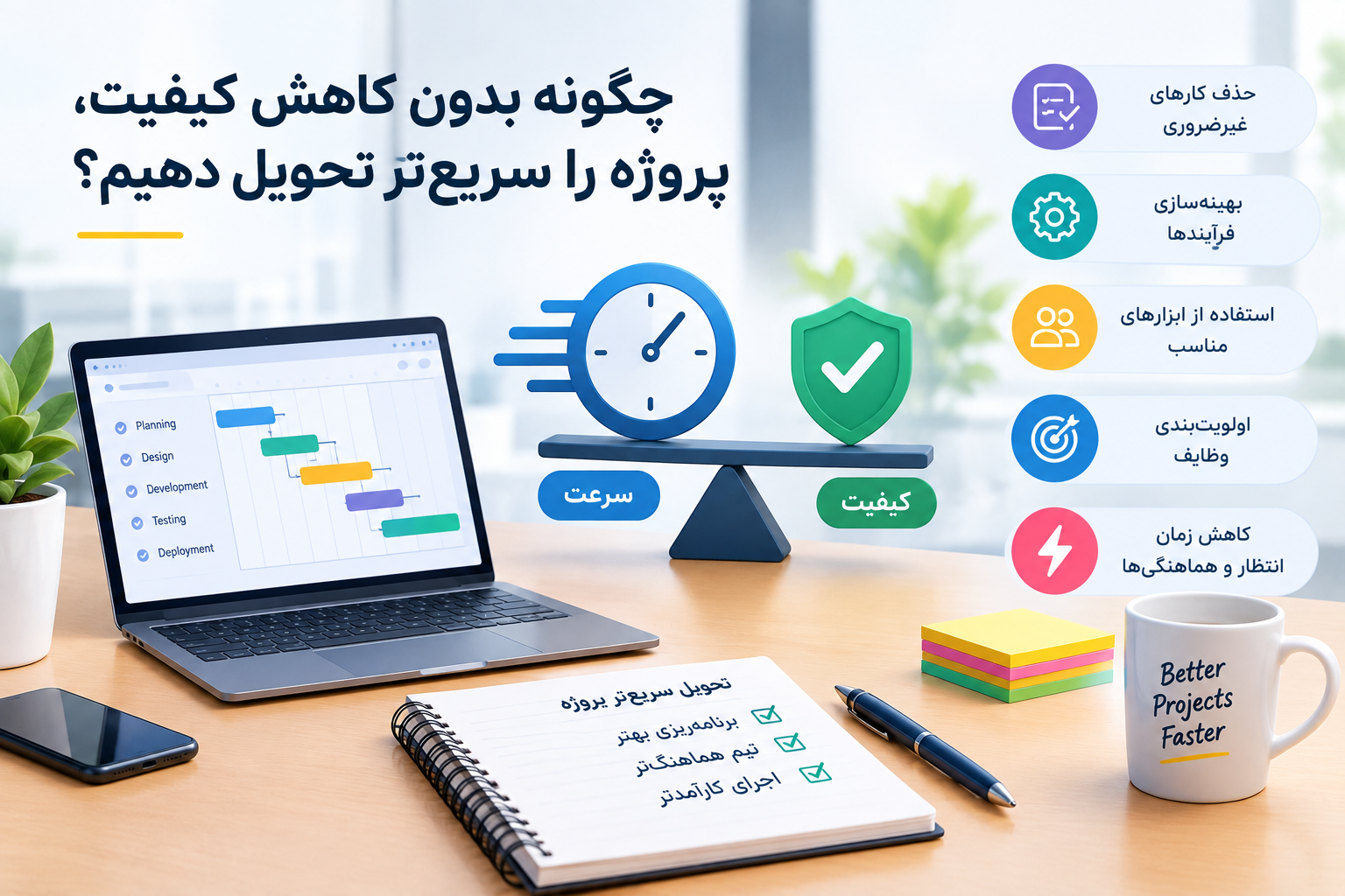 تحویل سریع‌تر پروژه بدون کاهش کیفیت با بهینه‌سازی فرایندها، اولویت‌بندی وظایف و کاهش زمان انتظار و هماهنگی تیم